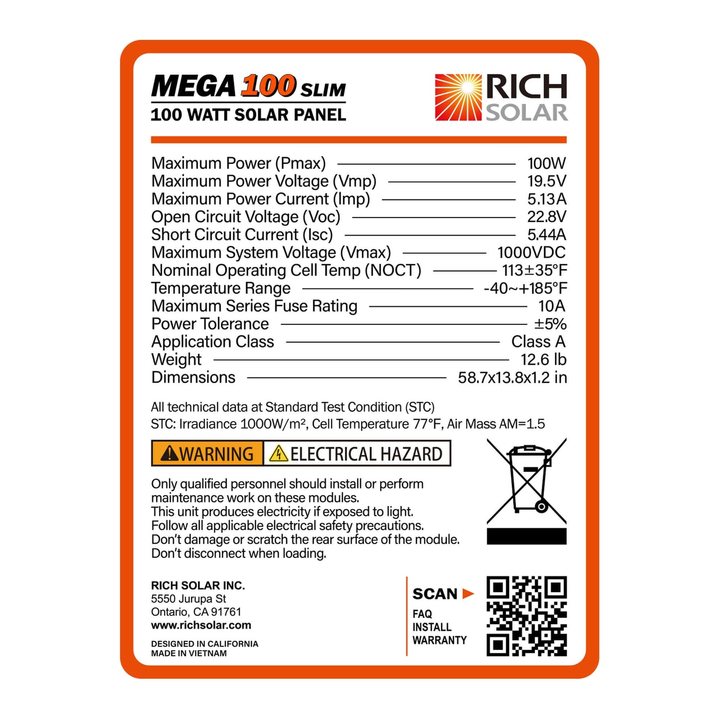 RICH SOLAR -MEGA 100 SLIM 100 Watt Monocrystalline Solar Panel