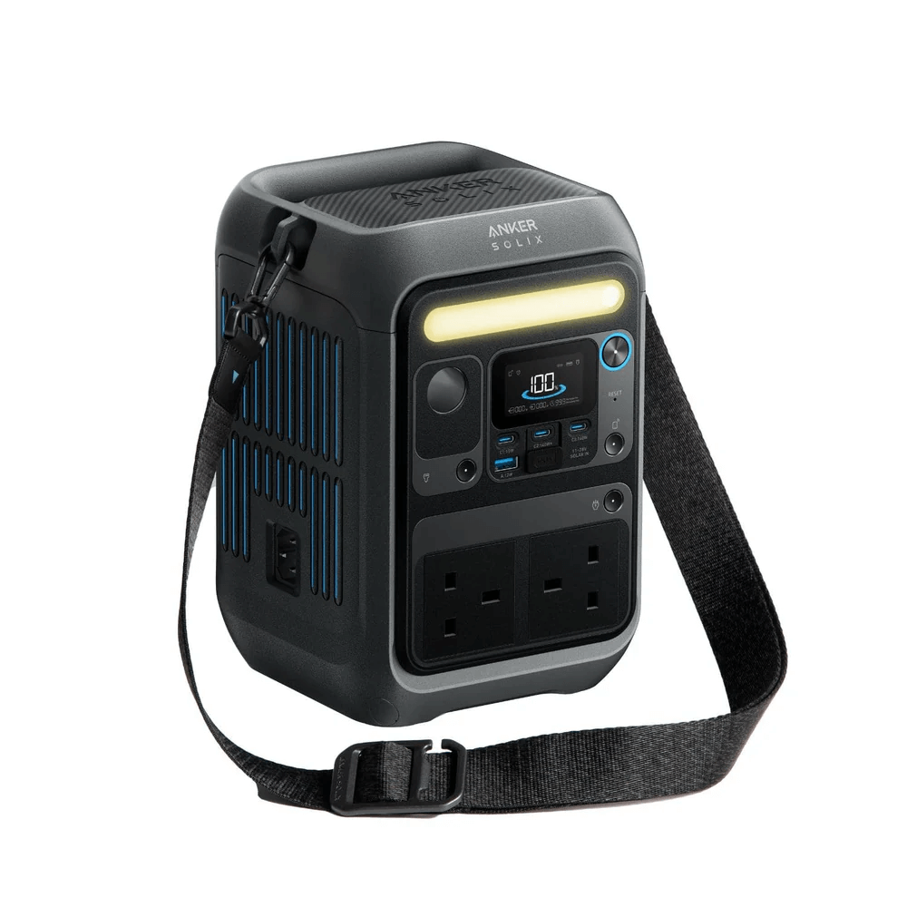 Anker SOLIX C300X Portable Power Station with strap, 288Wh capacity, rugged design for outdoor adventures.