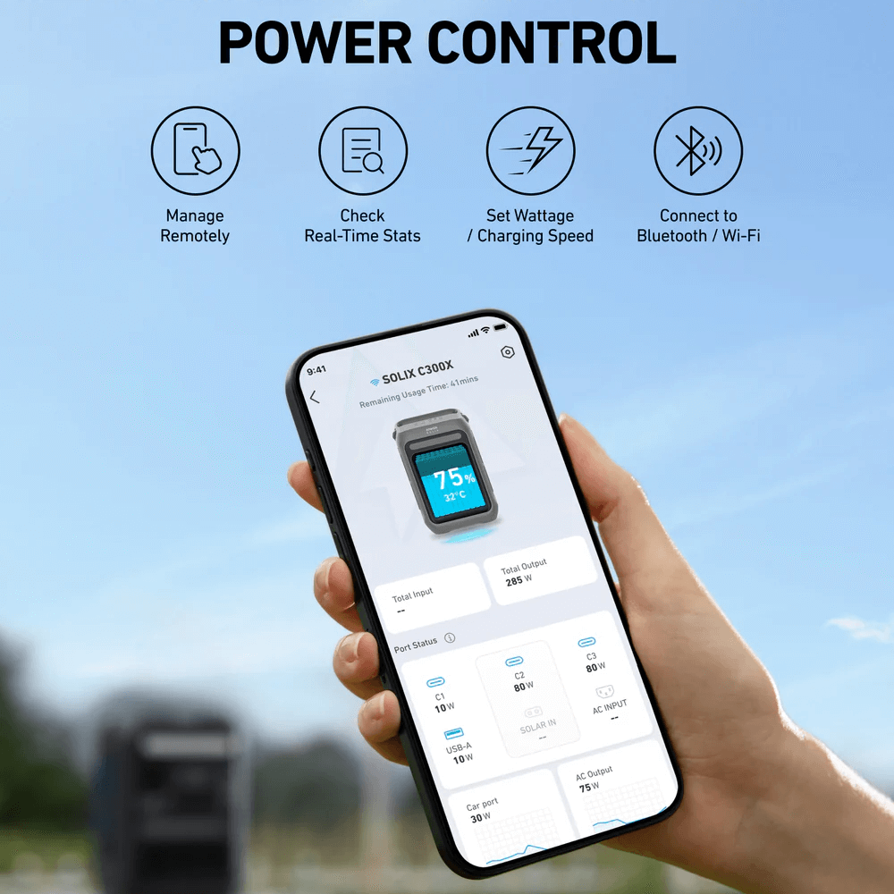 User managing Anker SOLIX C300X Portable Power Station through a mobile app, displaying real-time stats and controls.