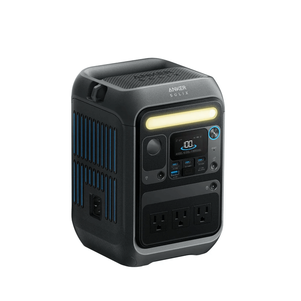 Anker SOLIX C300X Portable Power Station with strap, 288Wh, 300W, rugged design for camping and emergencies.