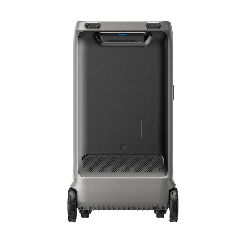 Anker SOLIX F3800 Portable Power Station back view showing durable design and wheels for easy transport.