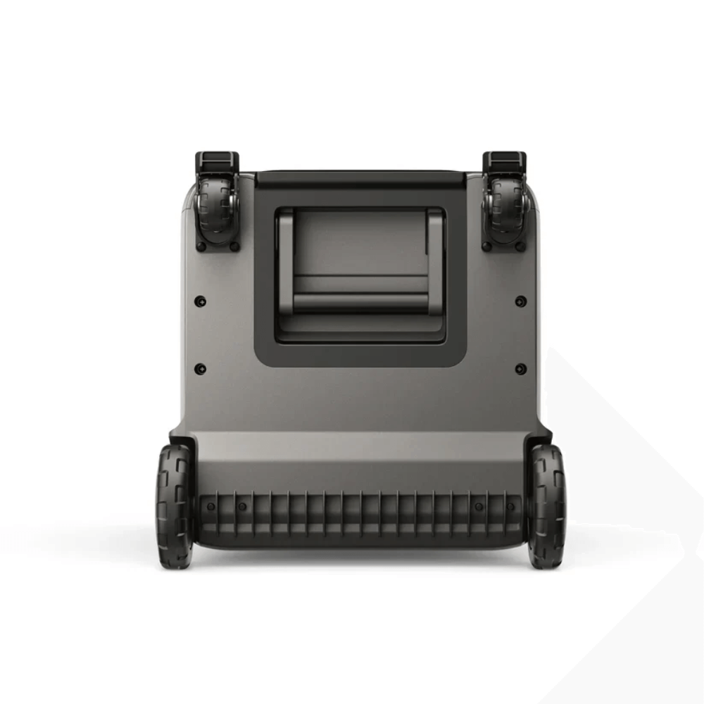 Back view of Anker SOLIX F3800 Plus Portable Power Station showing wheels and handle for easy mobility.
