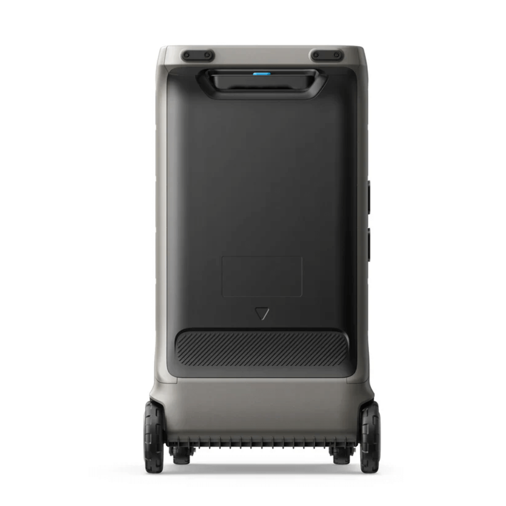 Back view of Anker SOLIX F3800 Plus Portable Power Station - 3840Wh | 6000W with wheels and handle.