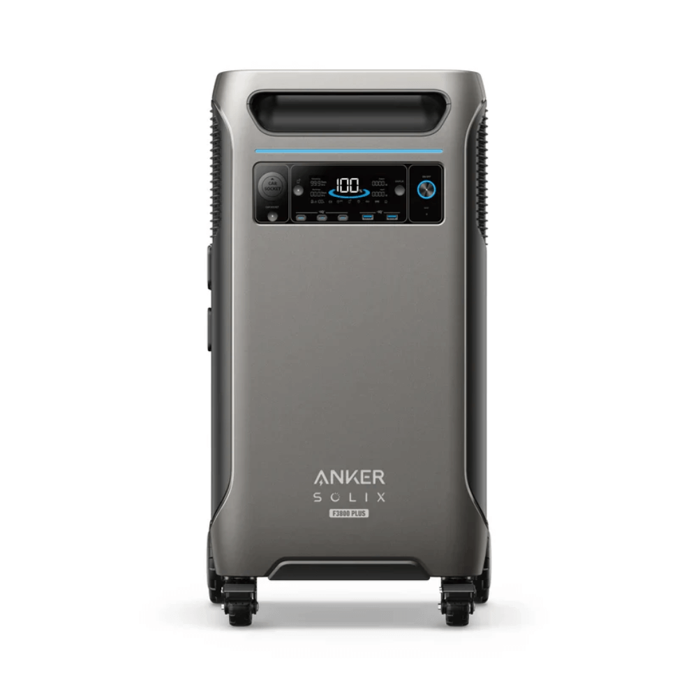 Anker SOLIX F3800 Plus Portable Power Station - 3840Wh | 6000W front view with display and wheels.