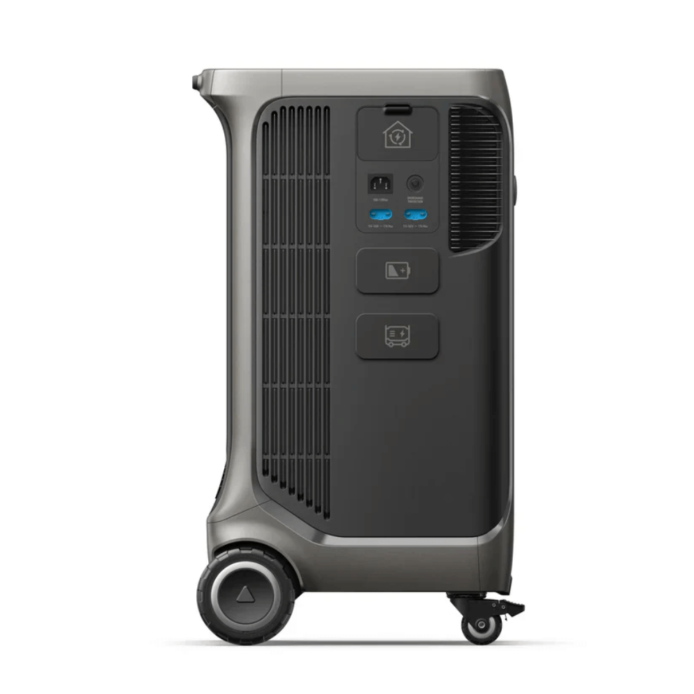 Anker SOLIX F3800 Plus Portable Power Station in gray, showcasing its dual-voltage output and wheels for easy transport.