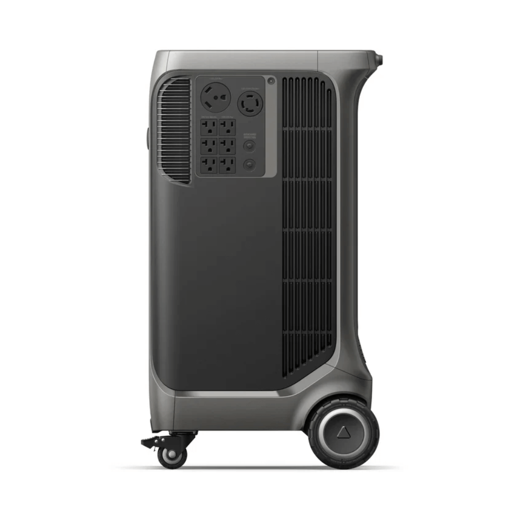 Side view of Anker SOLIX F3800 Plus Portable Power Station, showcasing outlets and wheels for portability.