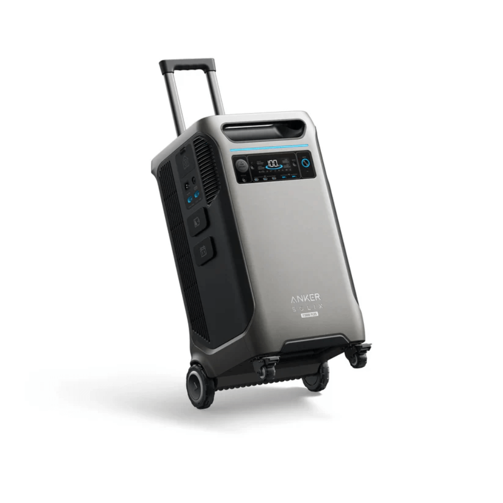 Anker SOLIX F3800 Plus Portable Power Station with wheels and handle for easy transport.