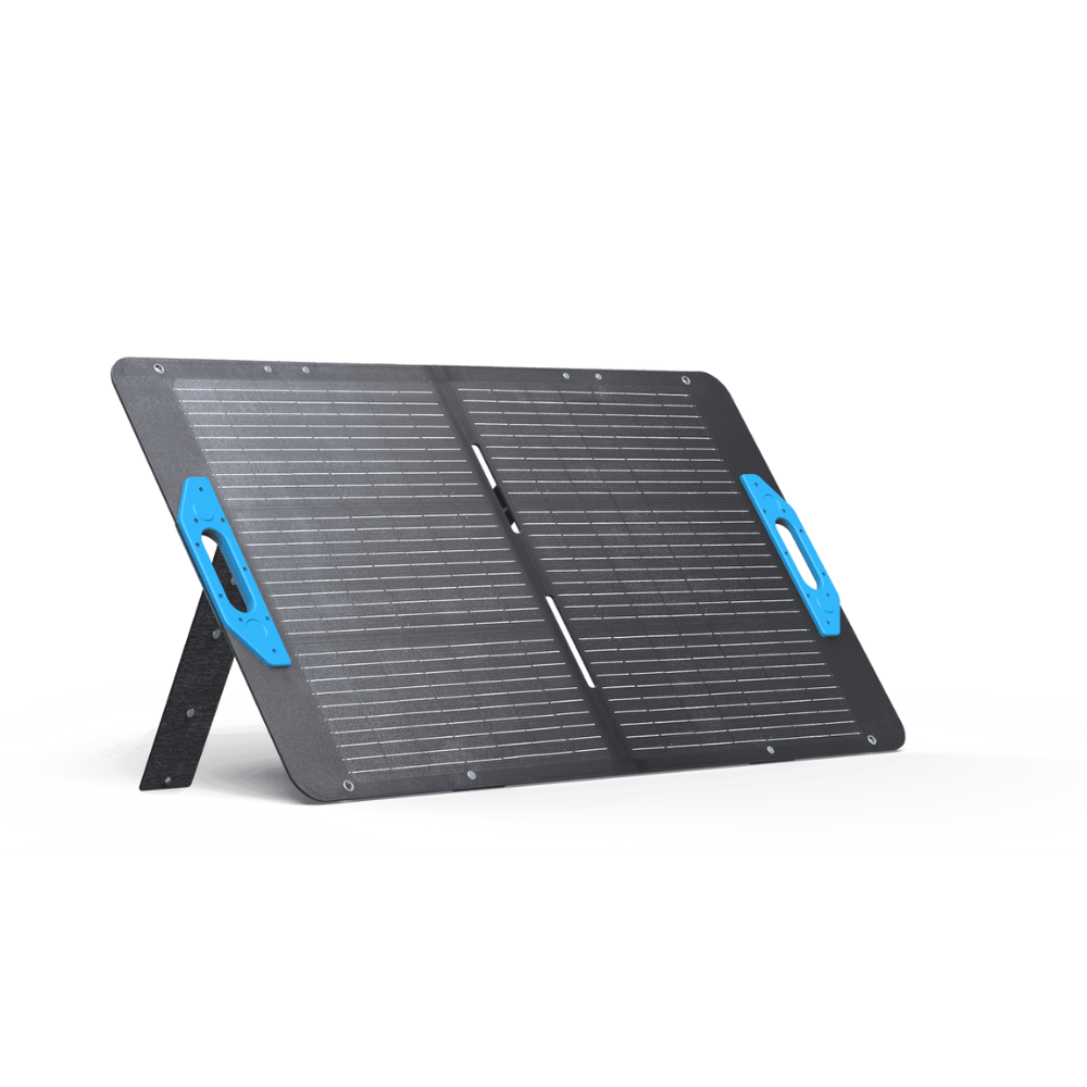 Anker SOLIX PS100 Portable Solar Panel (100W) with stand angled for optimal sunlight absorption.