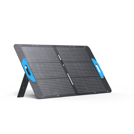 Anker SOLIX PS100 Portable Solar Panel (100W) with stand angled for optimal sunlight absorption.