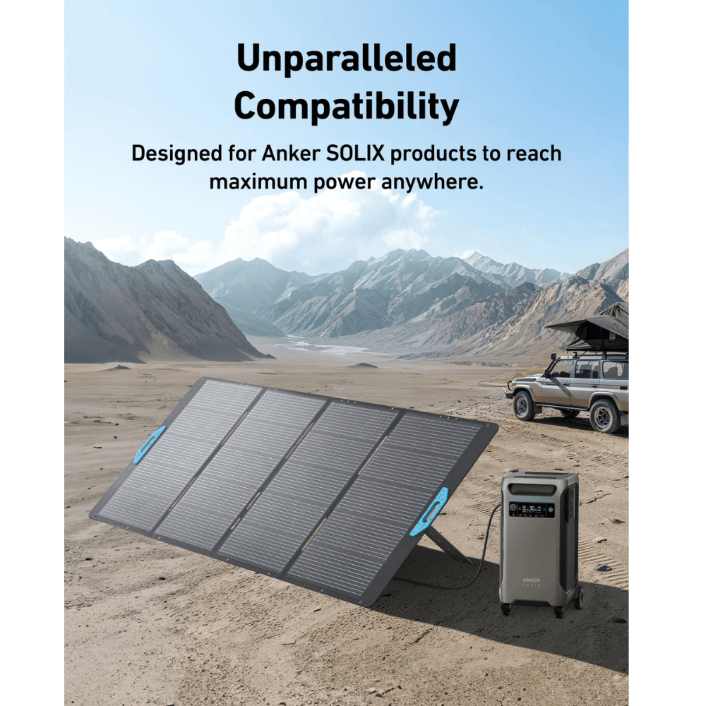 Anker SOLIX PS400 Portable Solar Panel (400W) in a rugged landscape, showcasing its compatibility and durability.