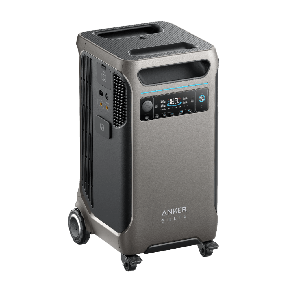 Anker SOLIX F3800 power system with display and wheels for mobility, ideal for off-grid and backup energy solutions.