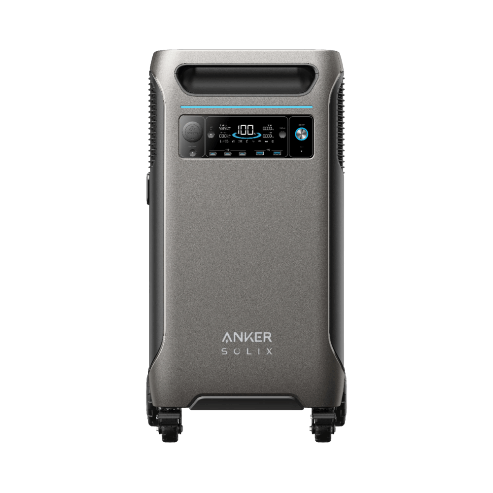 Anker SOLIX F3800 portable power station with digital display and wheels for easy transport.