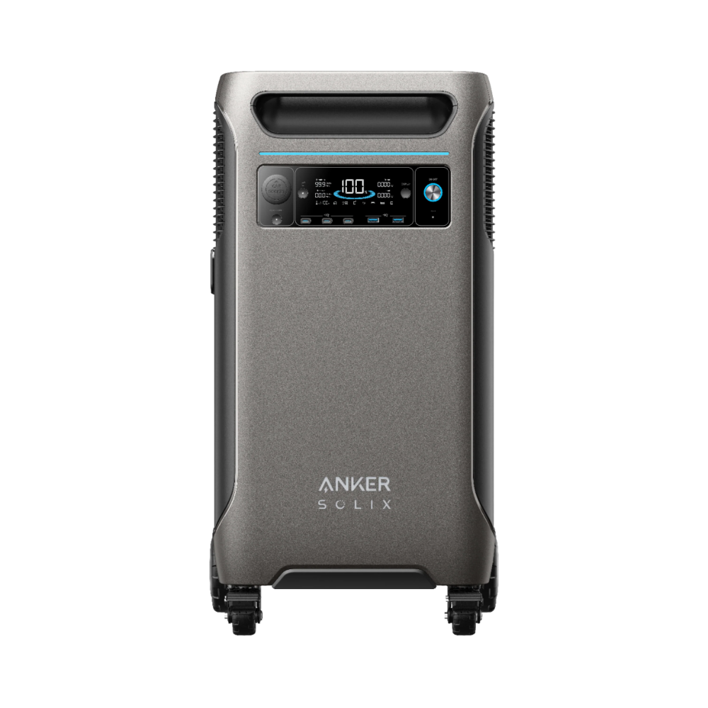 Anker SOLIX F3800 Portable Power Station front view, featuring a display and durable design for home and outdoor power needs.
