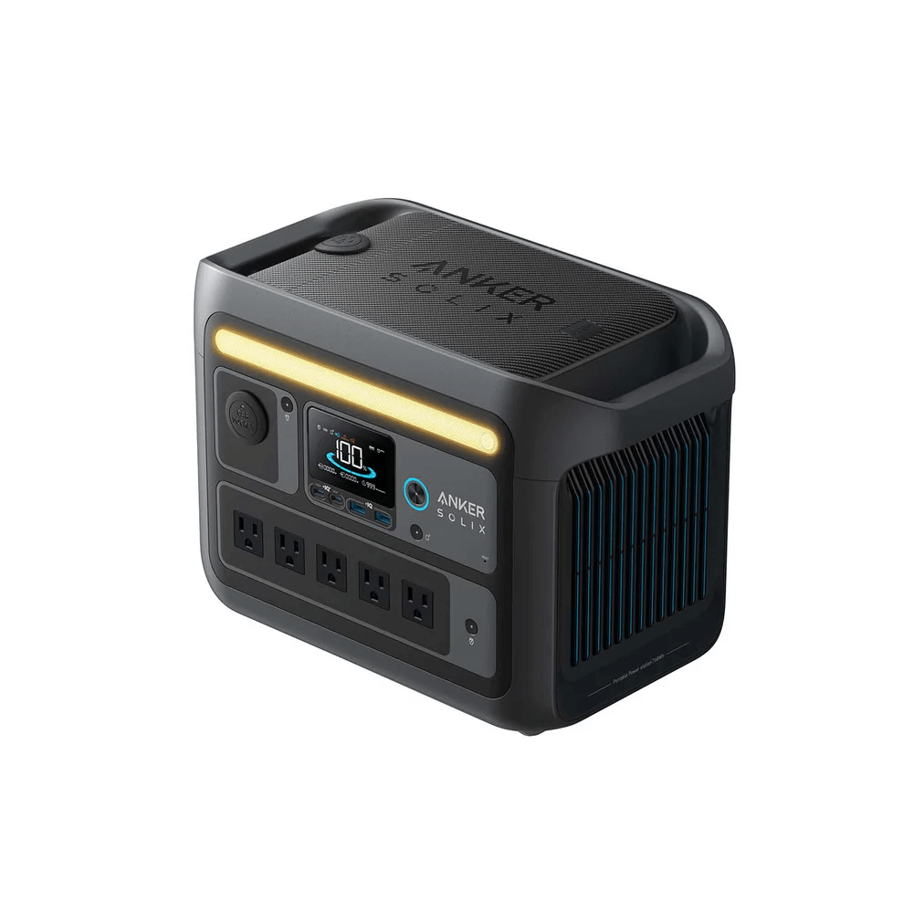 Anker SOLIX C800X Portable Power Station 768Wh with multiple outlets and LED light, ideal for camping and emergencies.