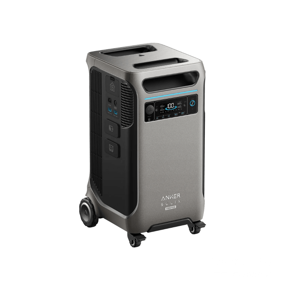 Anker SOLIX F3800 Plus + Expansion Battery portable power station with wheels and control panel.