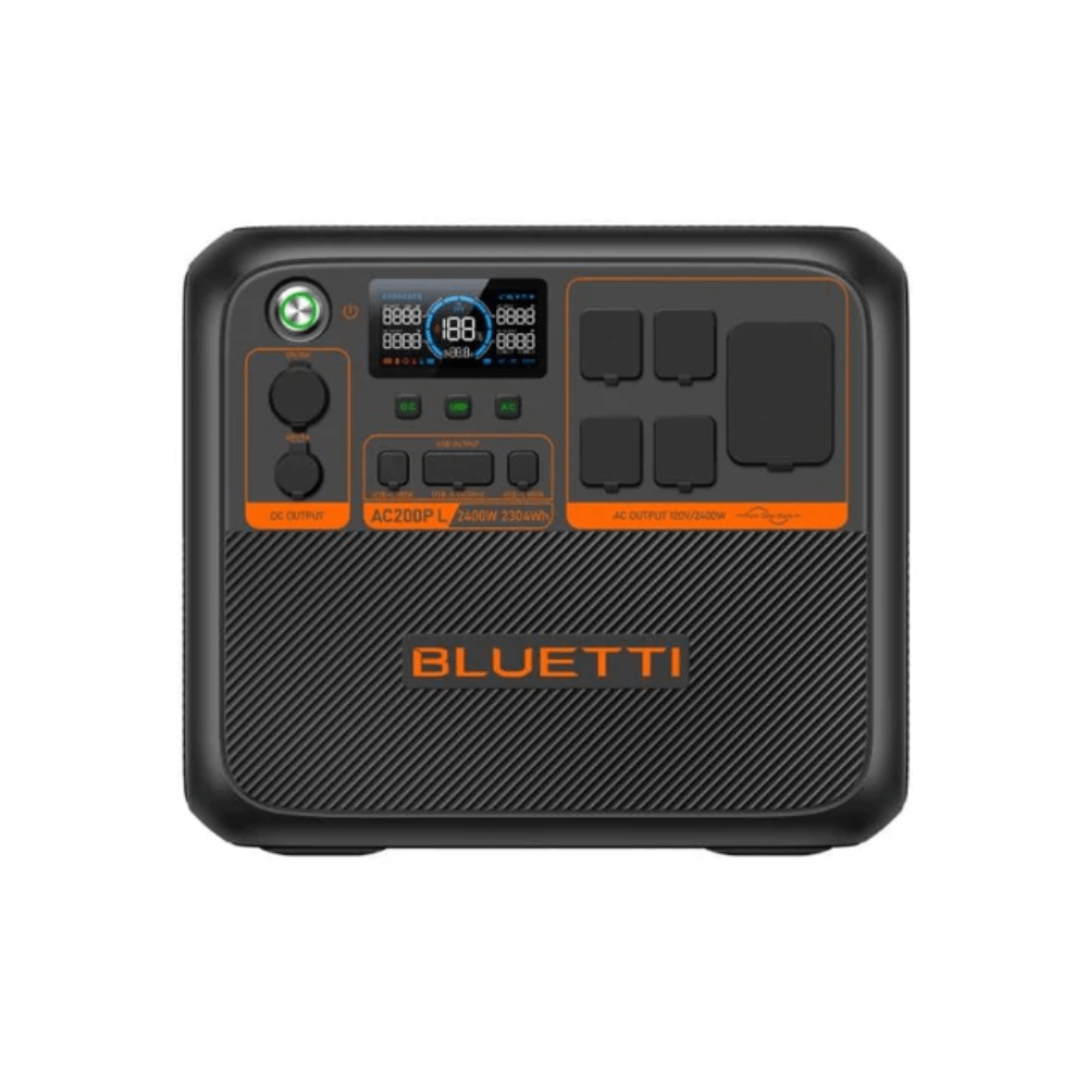 BLUETTI AC200PL Portable Power Station with display and multiple output ports for versatile power solutions.