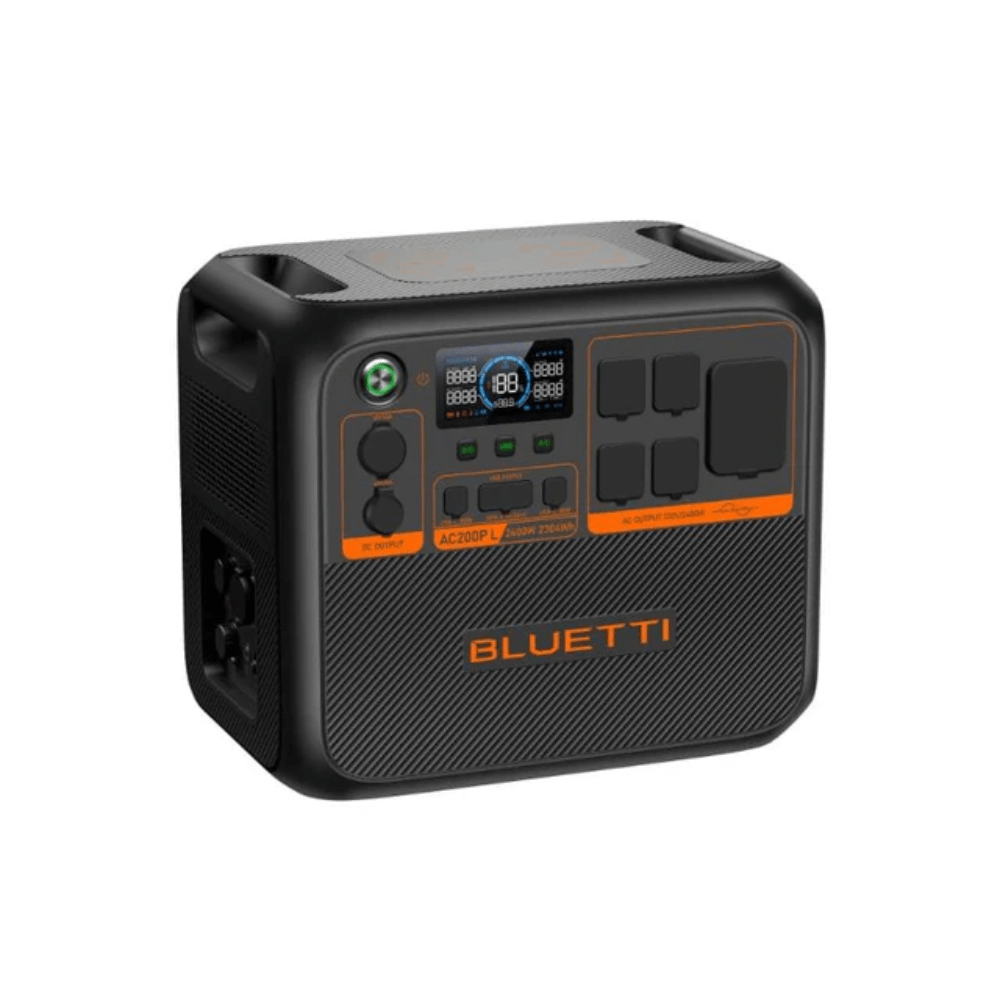 BLUETTI AC200PL Portable Power Station 2,400W with multiple outlets and compact design for travel and emergencies.