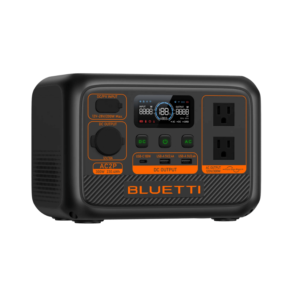 BLUETTI AC2P Portable Power Station with digital display and multiple output ports