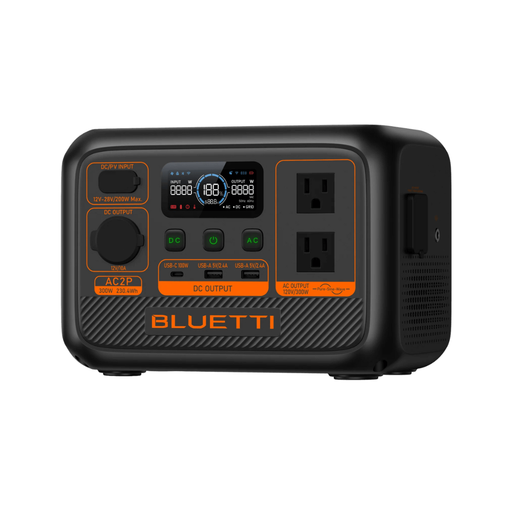 BLUETTI AC2P Portable Power Station, compact energy solution with 230Wh capacity and 300W output.