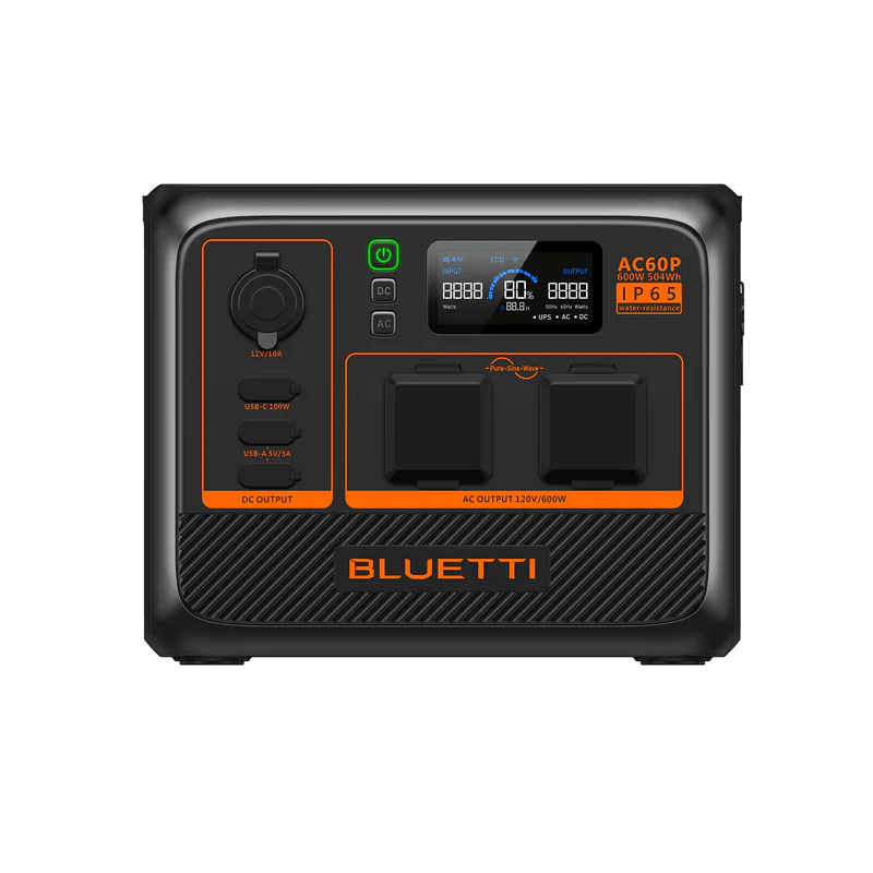 BLUETTI AC60 Portable Power Station with dual AC outputs and LCD display, ideal for outdoor and emergency use.