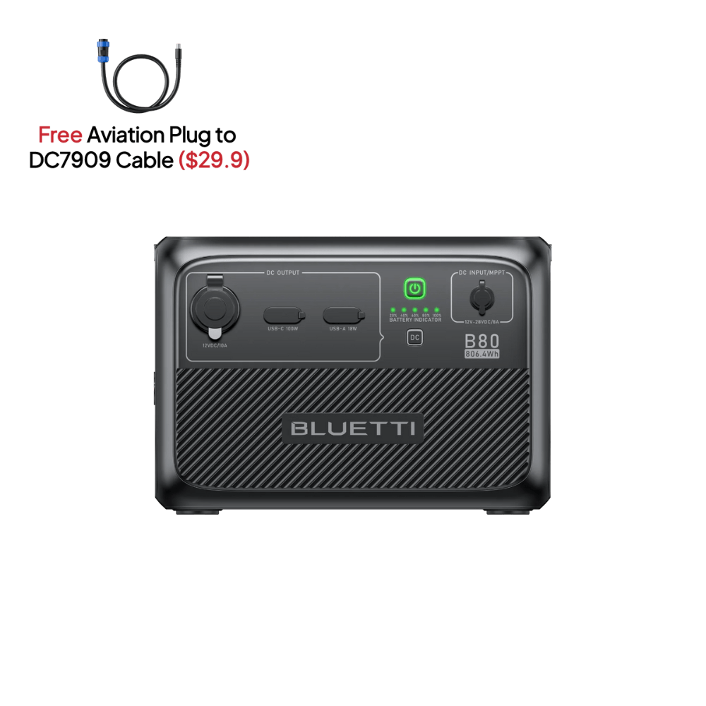Bluetti B80P Expansion Battery 806Wh front view, portable power solution with DC output and indicators.