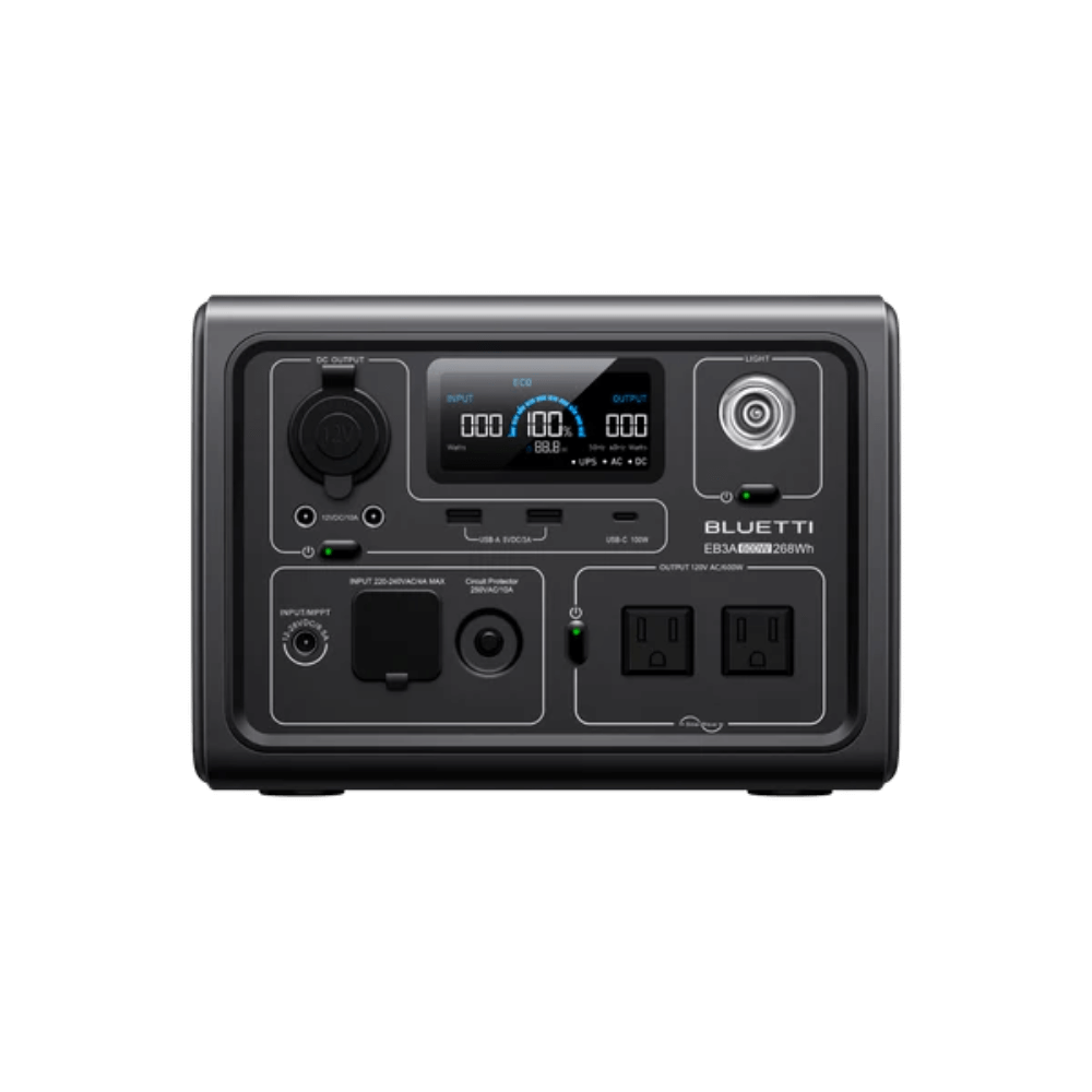 BLUETTI EB3A Portable Power Station front view with display and input/output ports
