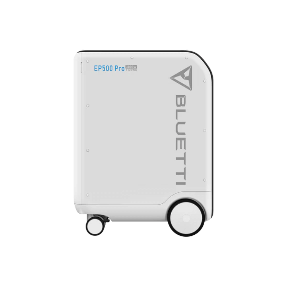 BLUETTI EP500Pro Solar Power Station portable design with wheels, 5120Wh and 3000W inverter for outdoor use.