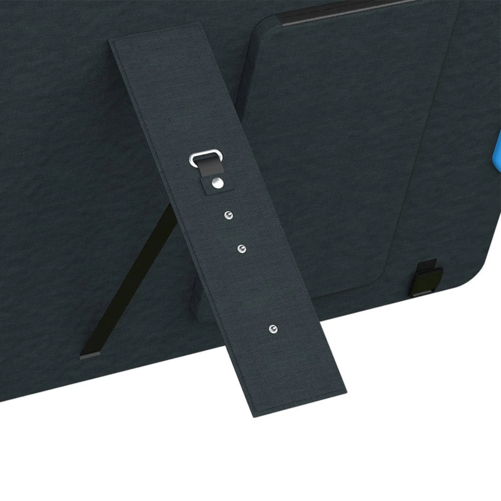 BLUETTI PV120 Solar Panel 120W stand detail, showcasing adjustable support and pocket for easy setup and storage.