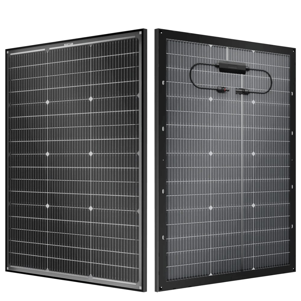 BougeRV 16BB N-Type 12V 100 Watt Bifacial Solar Panel showcasing front and back views, designed for high-efficiency solar power.