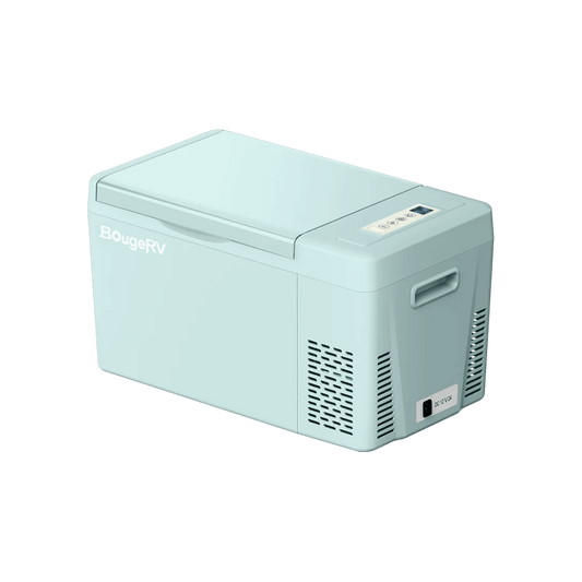 BougeRV 12V 23 Quart Colorful Mint Green Portable Fridge - Angled View Closed