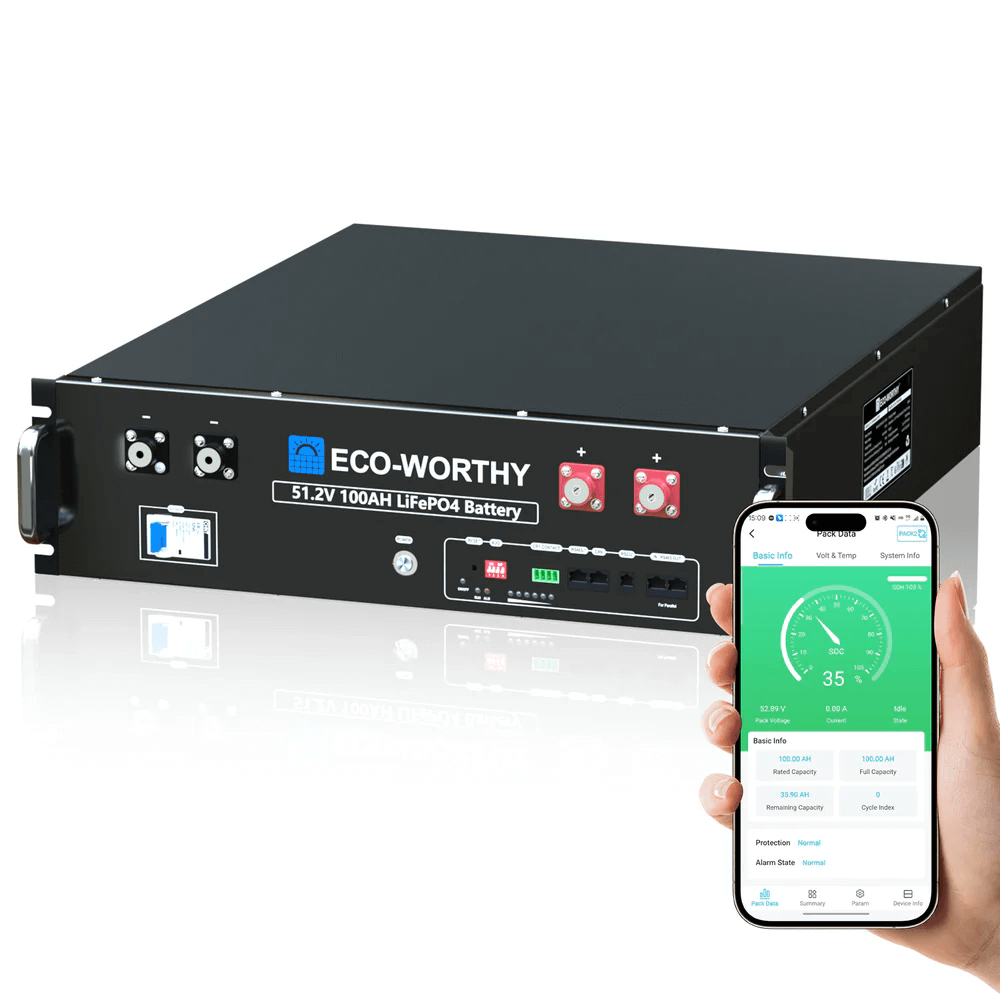 ECO-WORTHY - 48V(51.2V) 100Ah Server Rack Battery,5.12kWh Lithium Battery With Bluetooth & Wifi