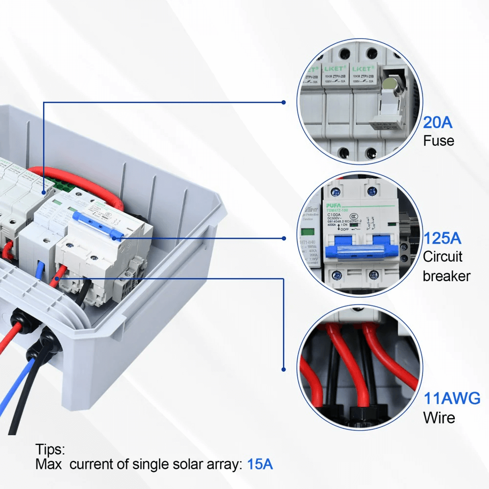 ECO-Worthy - 6 String PV Combiner Box with 25A Current Fuse & 125A Circuit Breaker