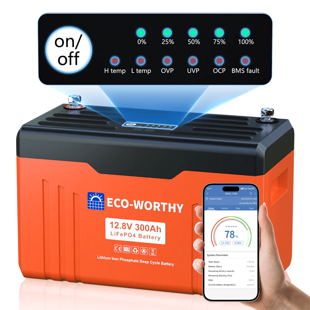 ECO-WORTHY - 12V 300AH Lifepo4 Lithium Battery Bluetooth with SOC LEDs and Low Temp Protection