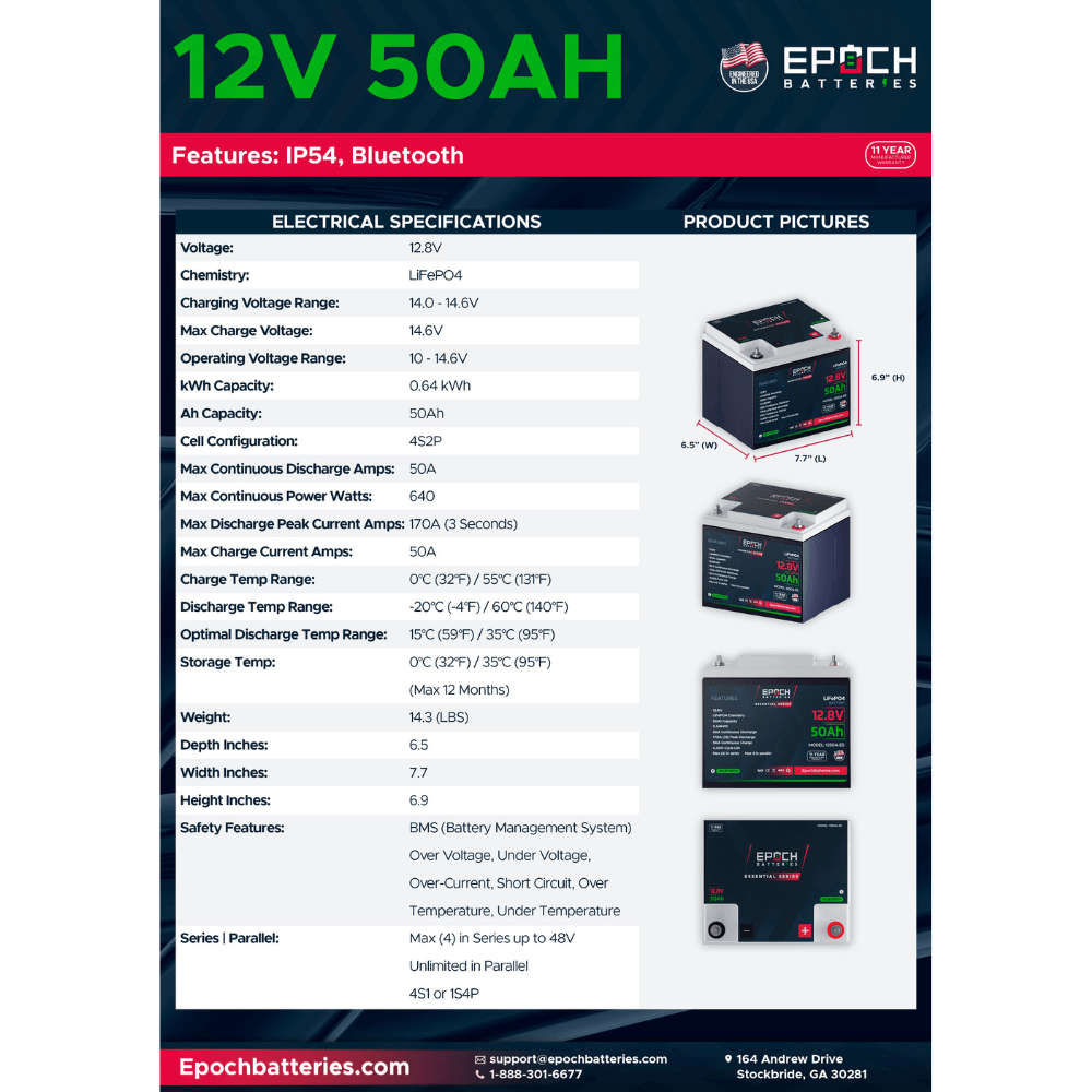 Epoch Batteries - 12V 50Ah Essential Series - Bluetooth LiFePO4 Battery