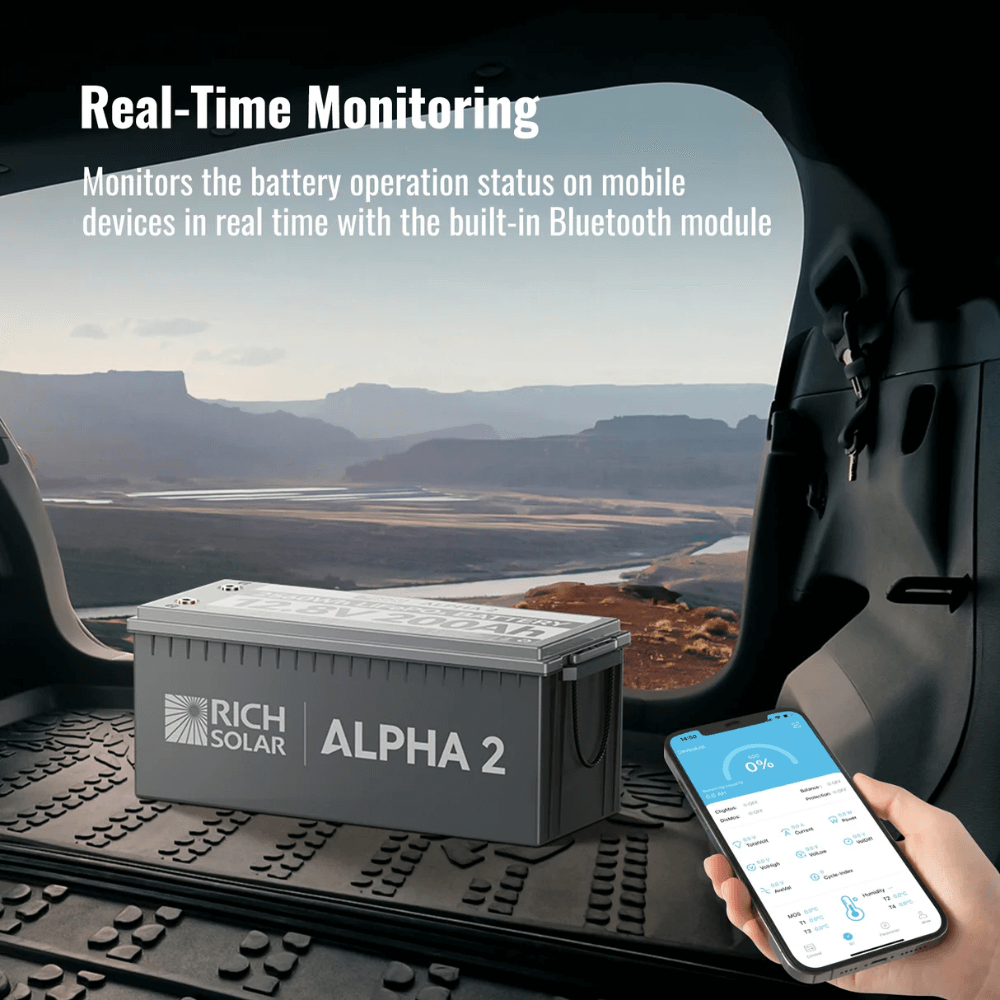 RICH SOLAR ALPHA 2 | 12V 200Ah LiFePO4 Lithium Iron Phosphate Battery w/ Internal Heat Technology and Bluetooth