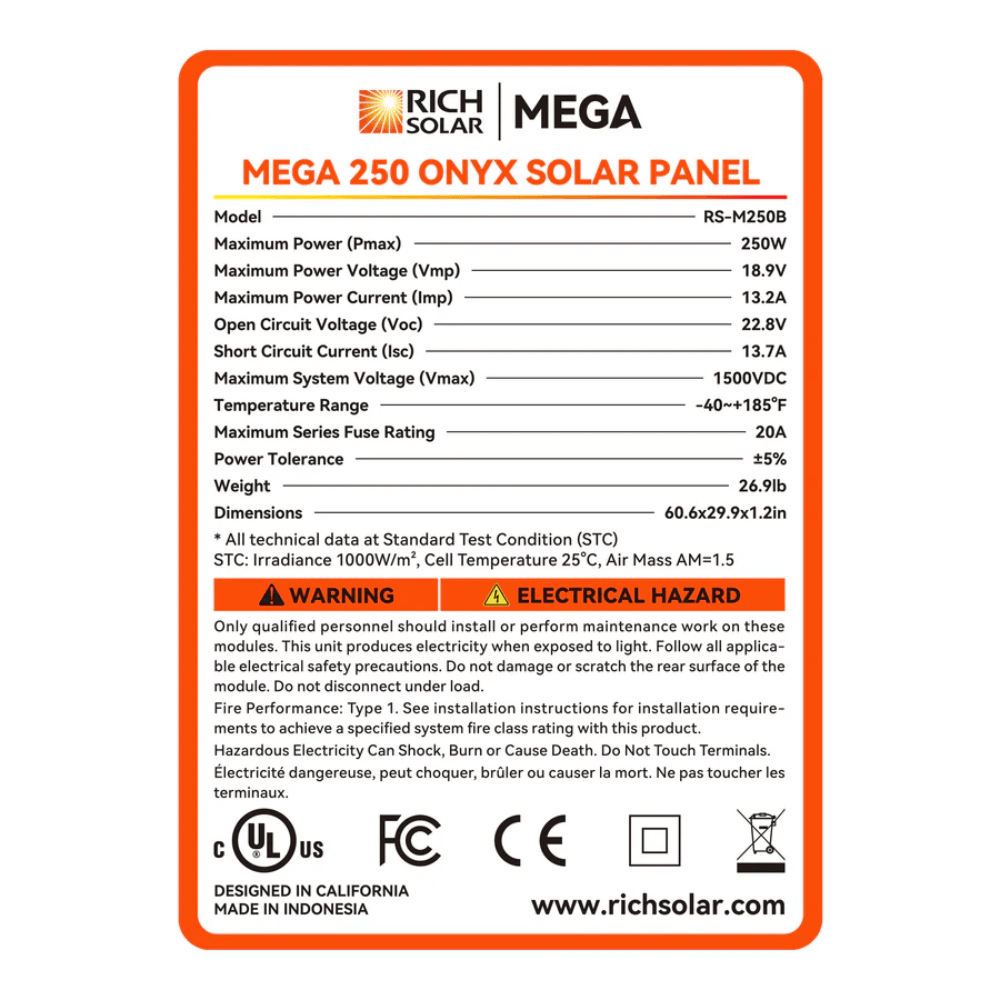 RICH SOLAR -MEGA 250 Watt Monocrystalline Solar Panel ONYX (Black)