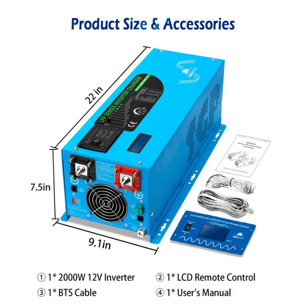 SunGoldPower - 2000W DC 12V Pure Sine Wave Inverter With Charger