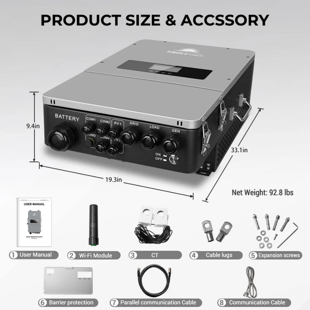 SunGoldPower - 10,000W Hybrid Inverter 48V Split Phase Grid Feedback Batteryless