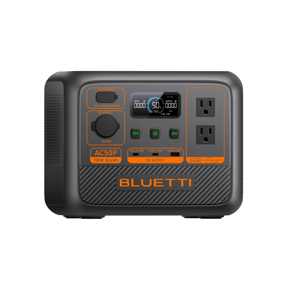 BLUETTI AC50P Portable Power Station with 700W output and 500Wh battery, ideal for camping and backup power needs.