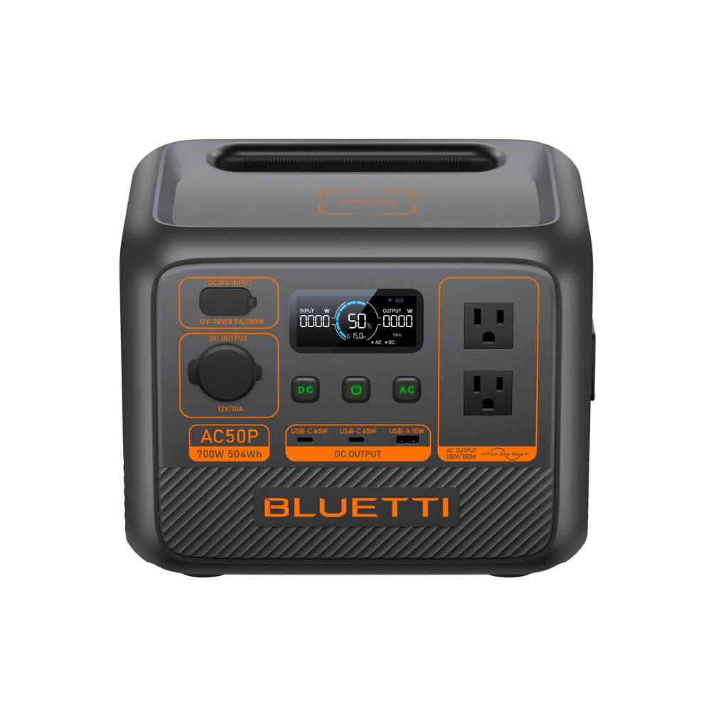 BLUETTI AC50P Portable Power Station with 700W output and 500Wh capacity, ideal for camping and emergencies.