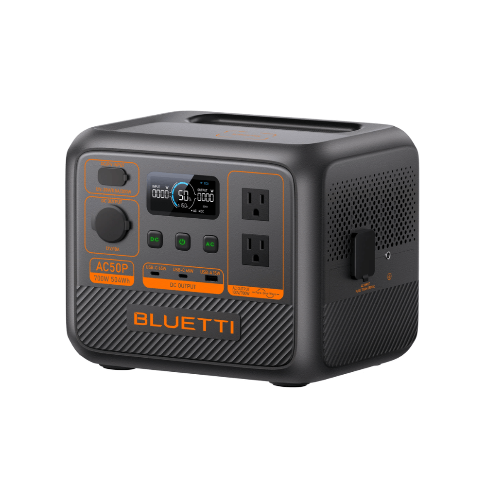 BLUETTI AC50P Portable Power Station with display, outlets, and compact design for outdoor energy needs.