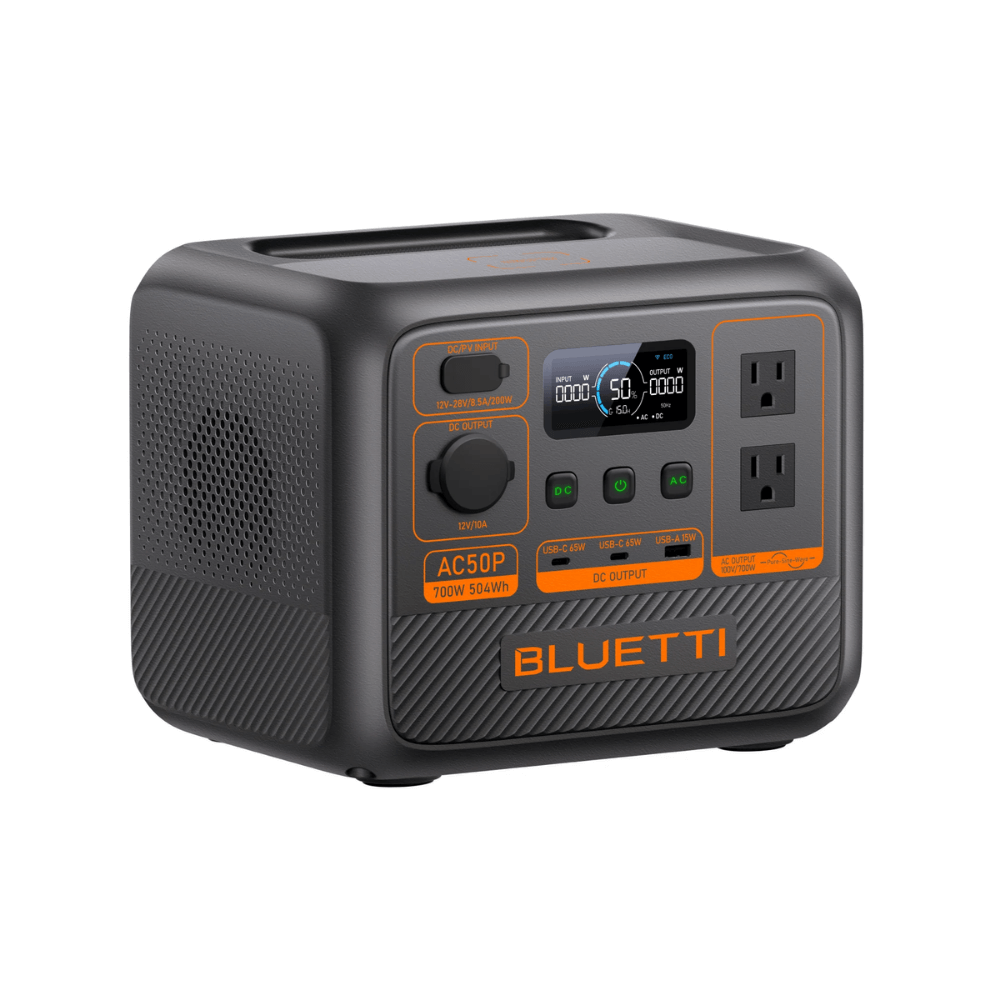 BLUETTI AC50P Portable Power Station with display, compact design, and multiple outputs for reliable power anywhere.