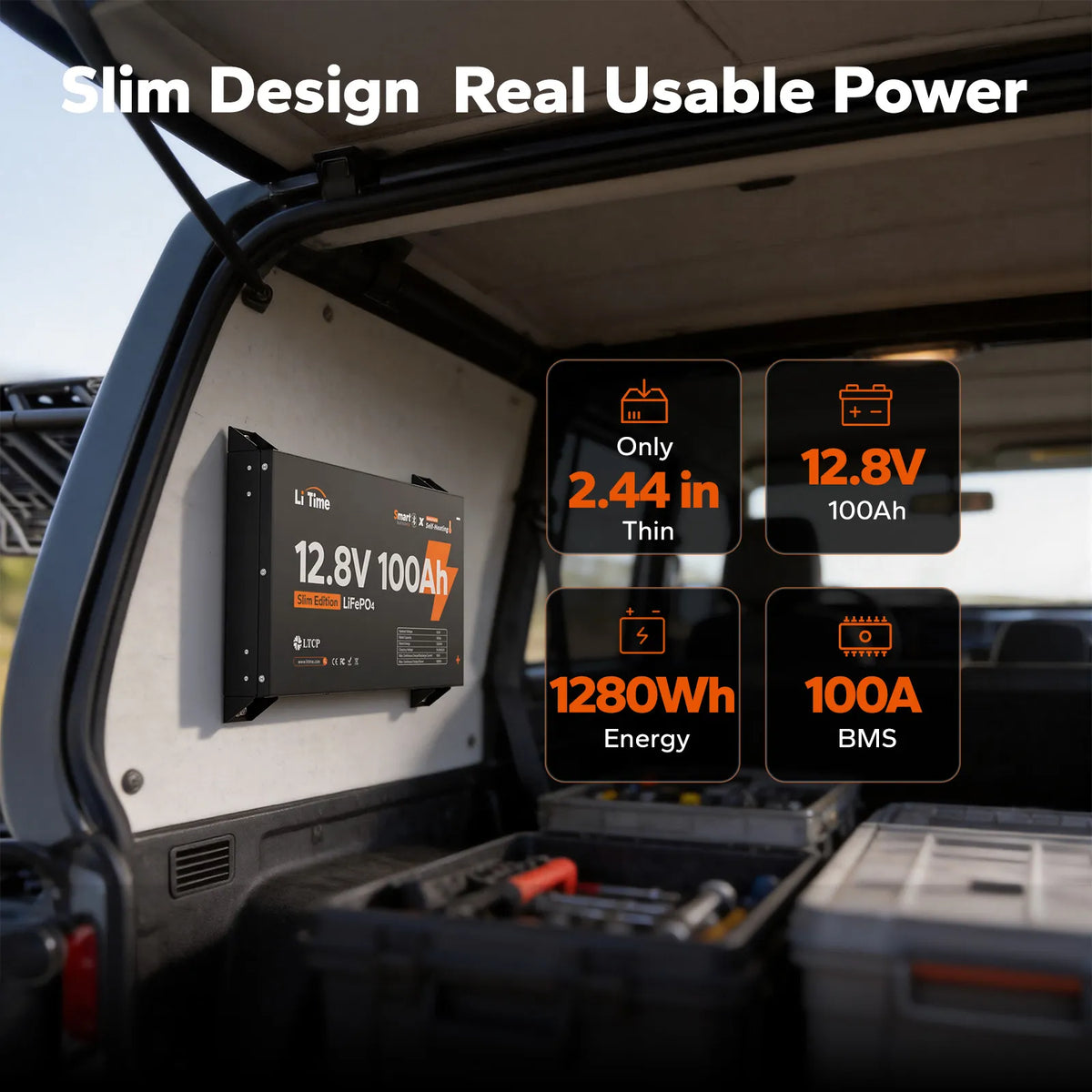 LiTime 12V 100Ah Ultra Slim Bluetooth Self-Heating Lithium Battery