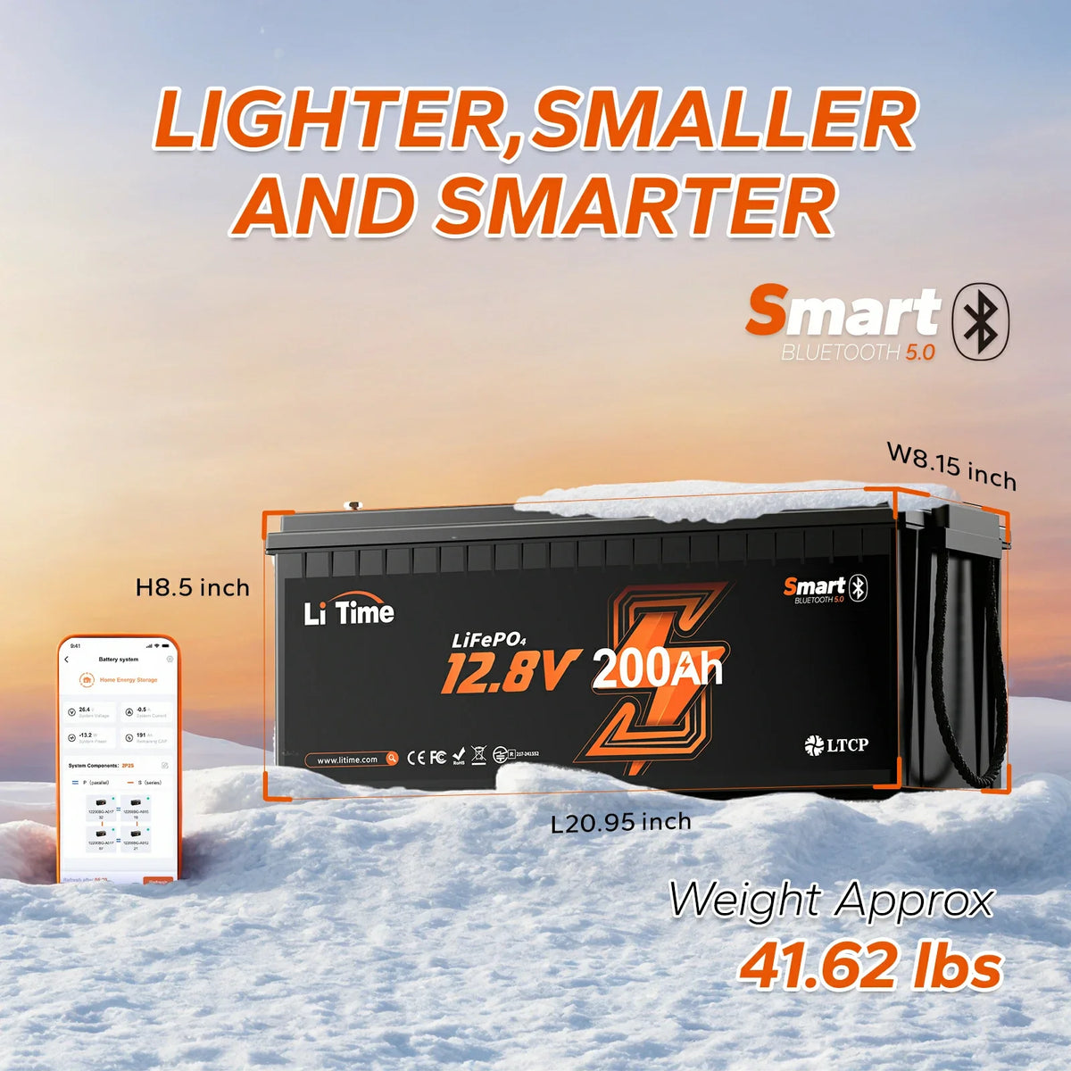 LiTime 12V 200Ah Bluetooth LiFePO4 Lithium Battery with Low-Temp Protection