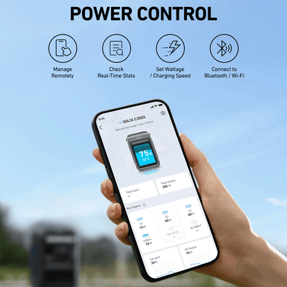 User managing Anker SOLIX C300X Portable Power Station through a mobile app, displaying real-time stats and controls.