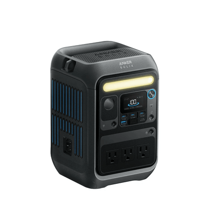 Anker SOLIX C300X Portable Power Station with strap, 288Wh, 300W, rugged design for camping and emergencies.