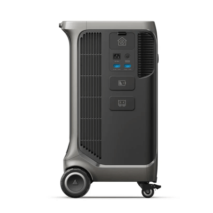 Anker SOLIX F3800 Plus Portable Power Station in gray, showcasing its dual-voltage output and wheels for easy transport.