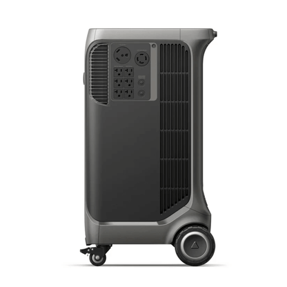Side view of Anker SOLIX F3800 Plus Portable Power Station, showcasing outlets and wheels for portability.