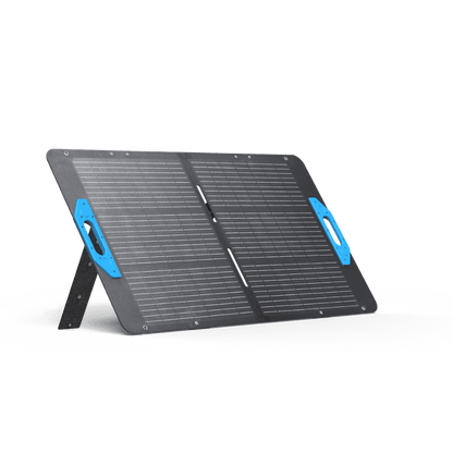 Anker SOLIX PS100 Portable Solar Panel (100W) with stand angled for optimal sunlight absorption.