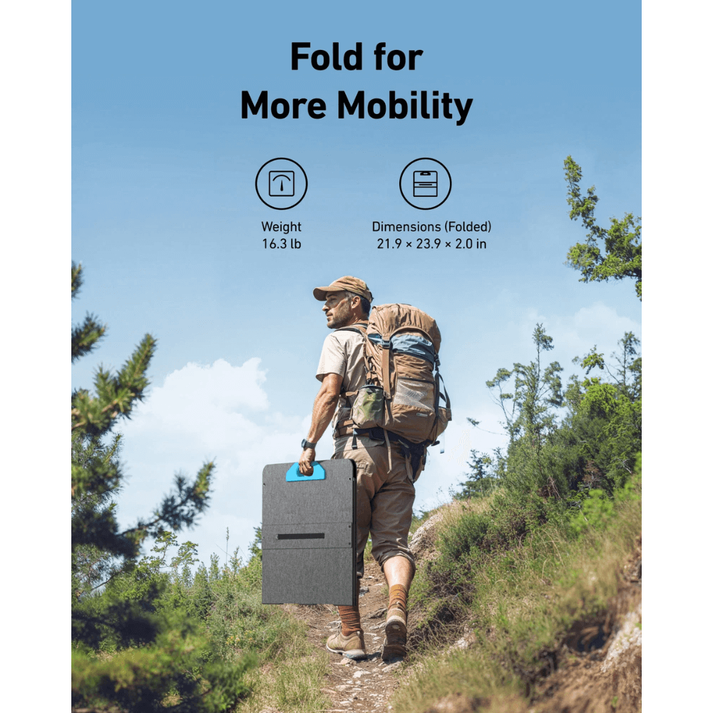 Anker SOLIX PS200 Portable Solar Panel (200W) showcasing its mobility, folded dimensions, and weight for outdoor adventures.